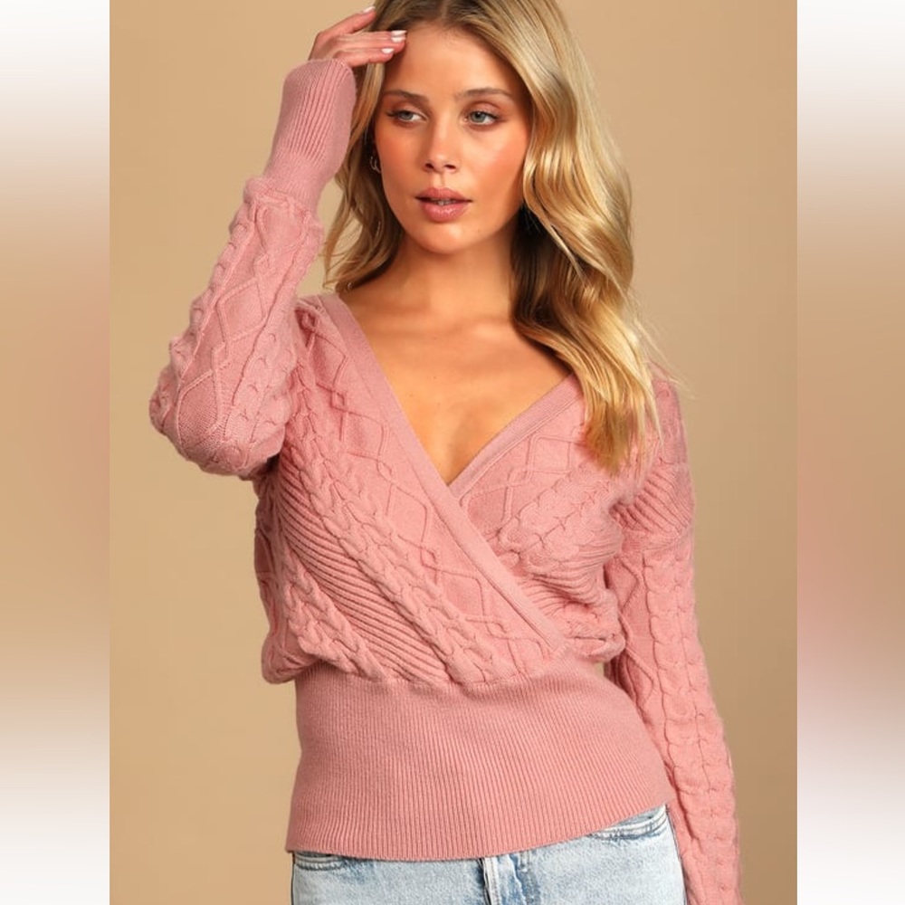 Lulus Got My Attention Pink Cable Knit Surplice Sweater